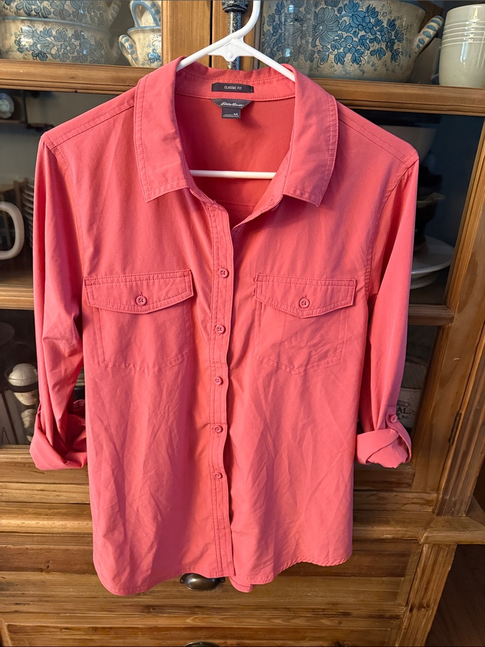Eddie Bauer Classic Fit Coral Button-Up Shirt with roll-tab sleeves